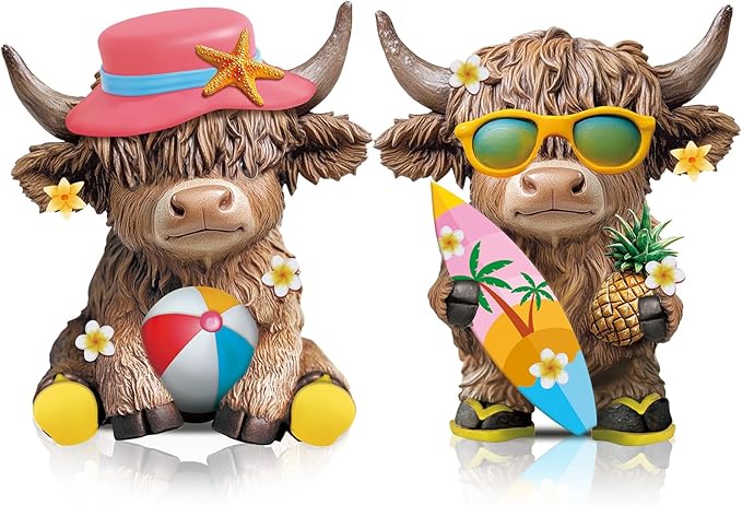 Karenhi 2 Pcs Summer Highland Cow Decorations for Home, Beach Seaside Gnomes Figurines Resin Scottish Statue Gifts for Kitchen Office Tiered Tray Table Mantel Decor