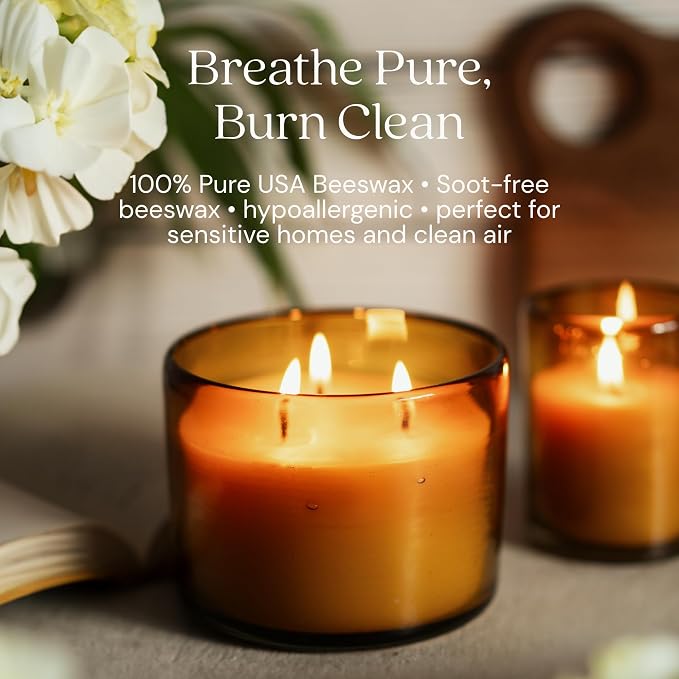 Bluecorn Beeswax 3-Wick Candle, 22 Oz, Amber Glass, 1 Count | 100% Pure Bees Wax, Fragrance Free, Soy Free, Clean Burning, Long Lasting (40 Hr)