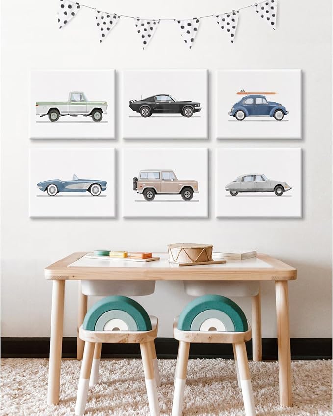 Blue Car Wall Art Decor Boys Room Wall Art Vintage Cars Canvas Poster Pictures Toddler Kids Room Prints Watercolor Vehicle Artwork Painting for Boys Bedroom Nursery 12x16 Inch Framed Set of 6