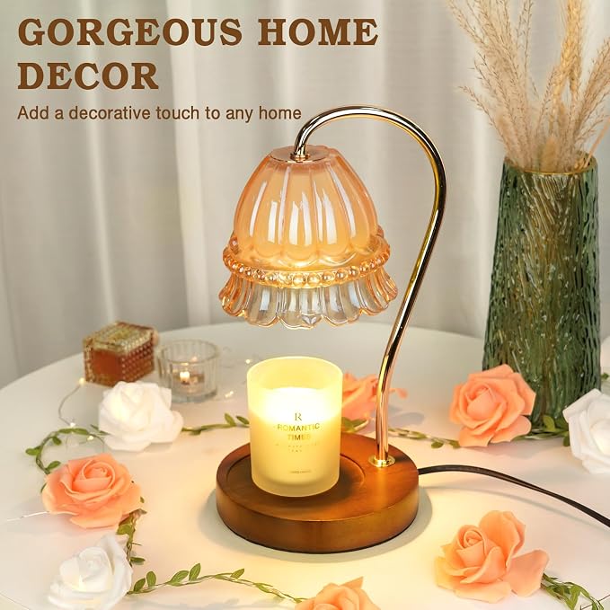 Funistree Flower Candle Warmer Lamp with Timer, Dimmable Candle Lamp Warmer, Christmas Birthday Gifts for Women Mom Her, Housewarming Home Decor, Lotus Wax Warmer for Yankee Candles - Amber Flower