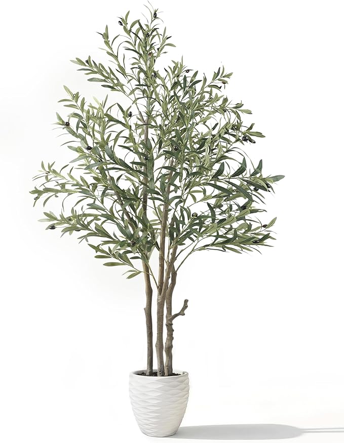 KOL 6ft Artificial Olive Tree Indoor, Tall Faux Olive Trees, Lifelike Fake Olive Tree Floor Plant for Home Office Living Room Decor with Matte Beige Pot