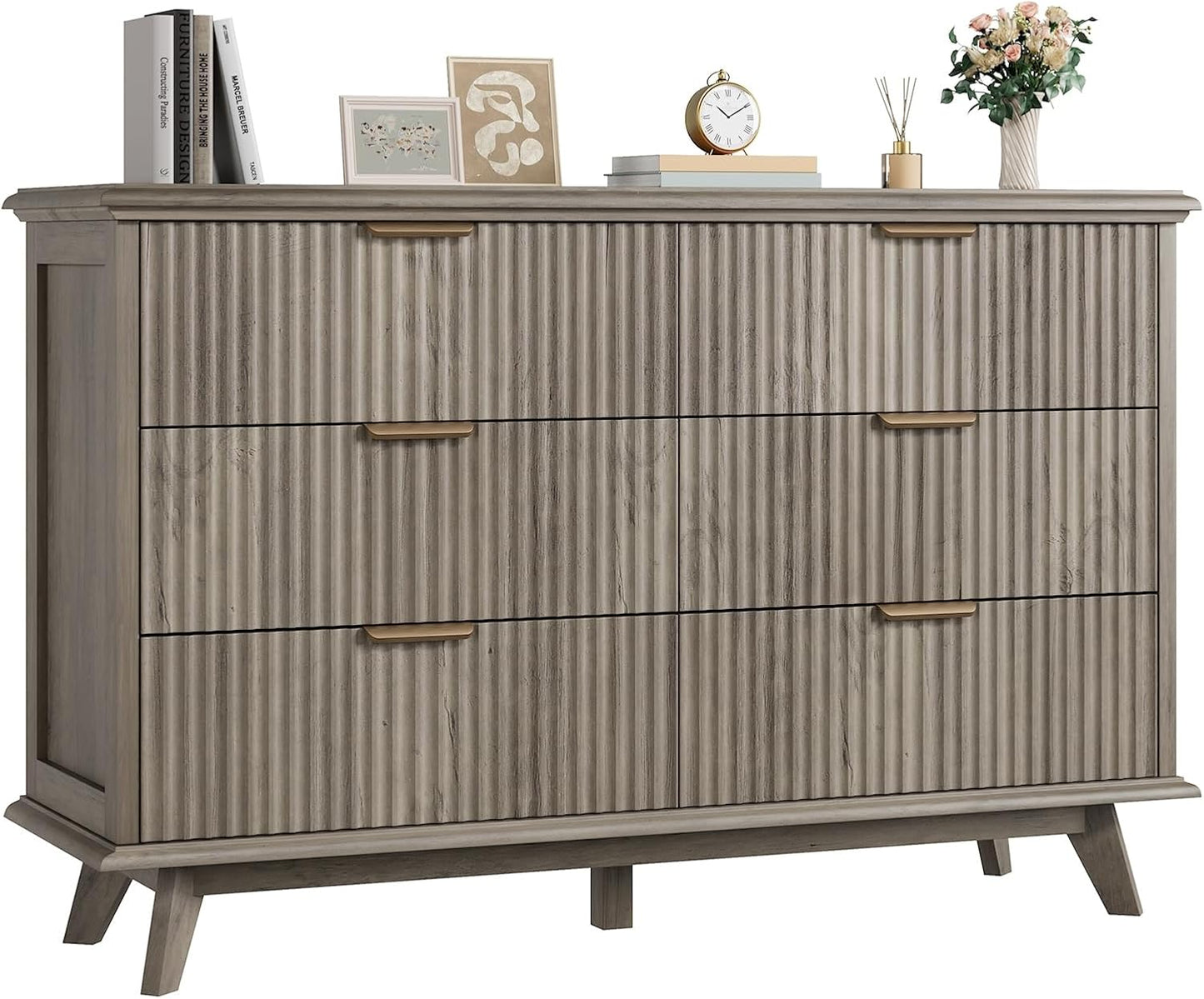 QUW Fluted Dresser for Bedroom with 6 Drawers, 47.2" Wide Modern Chest of Drawers with Metal Handle, Wooden Dresser TV Stand and Closet Clothes Storage Organizer for Living Room, Hallway, Grey