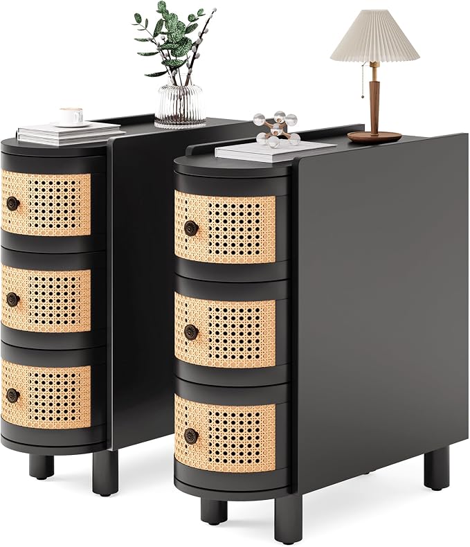 LITTLE TREE Solid Wood End Table Set of 2, Rattan Narrow Side Table with 3 Drawers, No Assembly Required, Nightstand Bedside Tables for Living Room, Bedroom, Office, Bathroom, Black