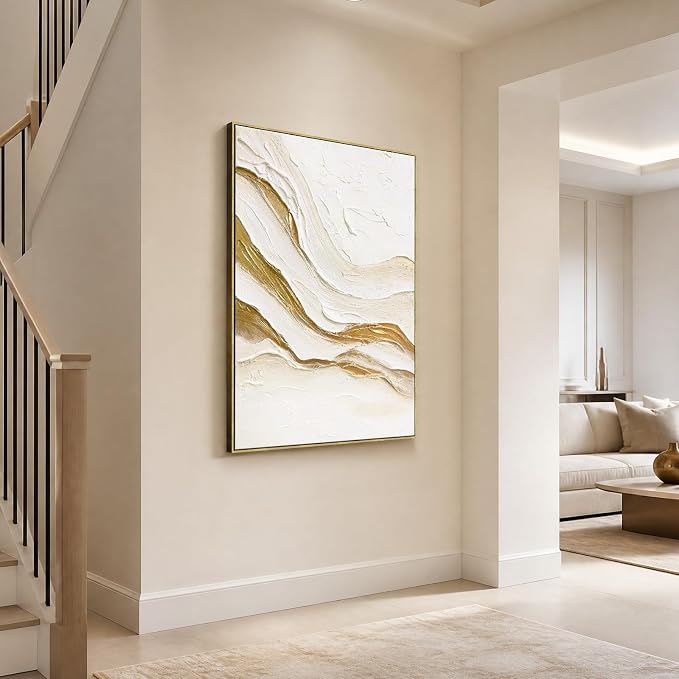 SAFERRYHOME Abstract Texture Hand Painted Wall Art, White Gold, 30"x40" | Large 3D Textured Framed Canvas Wall Decor, Modern Neutral Painting Minimalist Wave Artwork for Home Office Living Room