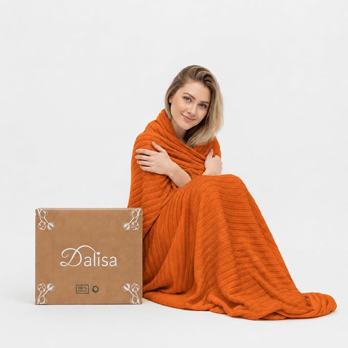 Dalisa Denise 100% Organic Cotton Knit Throw Blanket, Harvest Pumpkin, 50x60 Inches, GOTS-Certified, Crochet Knit, Adult, Eco-Conscious Luxury