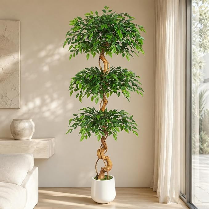 6FT Artificial Ficus Tree, 72in Fake Silk Tree with Natural Curved Trunk & 1860 Lush Leaves, Floor Faux Plant with White Pot, Low Maintenance Decor for Home, Office, Patio
