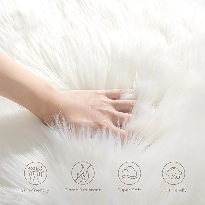 Ashler Faux Fur Rug, Fluffy Shaggy Area Rug Ultra Soft 4 x 4 Feet Square Fur Rug White Fuzzy Rug Machine Washable Shag Rug, Nursery Decor Throw Rugs for Bedroom, Kids Room, Living Room