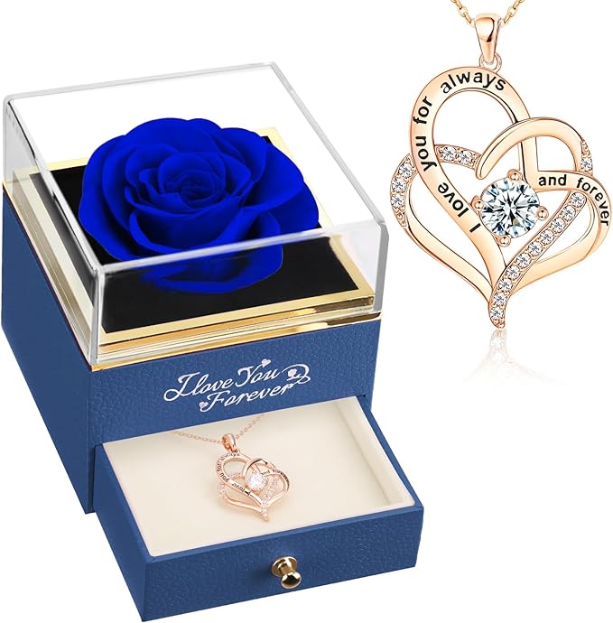 WILDLOVE Forever Blue Rose with Heart Necklace, Preserved Flowers Gifts for Mom, Wife and Girlfriend on Christmas, Mother's Day, Anniversary, Birthday Gifts for Women, I Love You Gifts for Her