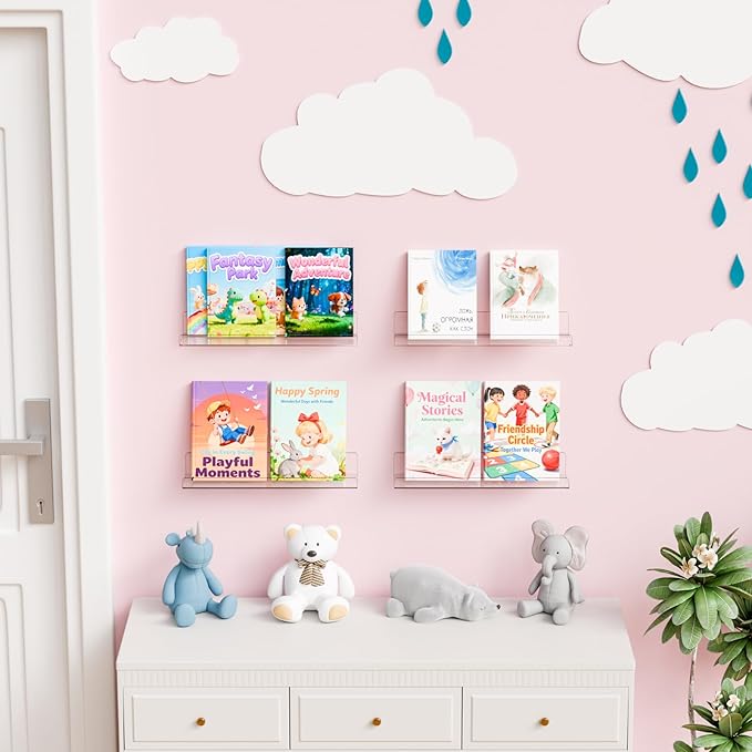 Yieach 6 Pack 15" Acrylic Shelves for Wall,Bathroom,Bedroom - with Adhesive - No Drilling Clear Floating Shelves for Funko Pop,Lego,Action Figures,Nail Polish,Perfume Shelf and Wall Storage & Display