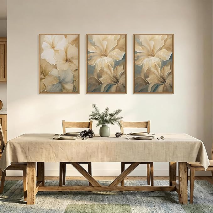 KAIRNE Neutral Beige Flower Framed Canvas Wall Art Set, Modern Magnolia Floral Wall Decor,Aesthetic Warm Wildflower Art Prints,Boho Botanical Artwork for Living Room,Bedroom,Farmhouse,Office-16"x24"x3