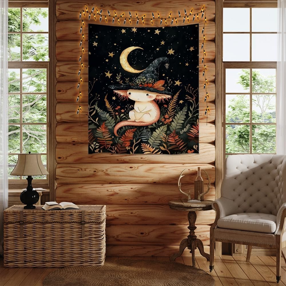 Whimsical Witch Tapestry Wall Hanging Decor Cute Axolotl Tapestry Magical Moon Animal Nursery Decoration Halloween Tapestries wall art for Home Kids Bedroom Living Room 40x60inch