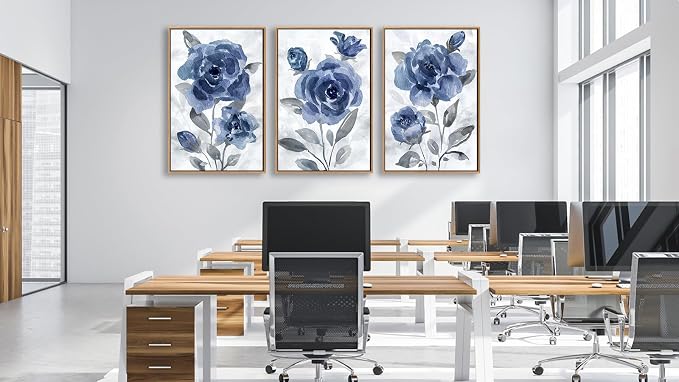 Large Framed Canvas Wall Art - Natural Float Framed Modern Indigo Flowers Pictures Decor Dark Blue Floral Grey Leaves Artwork for Bedroom Living Room Kitchen Home Office Decoration 60" X 28" Set of 3