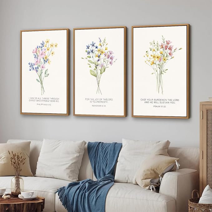 KYLESONLIE Christian Scripture Floral Framed Canvas Wall Art Set, Wildflower Bible Verse Posters Wall Decor, Religious Faith Art Paintings for Living Room Bedroom Dining Room Office Church 16"x24"x3