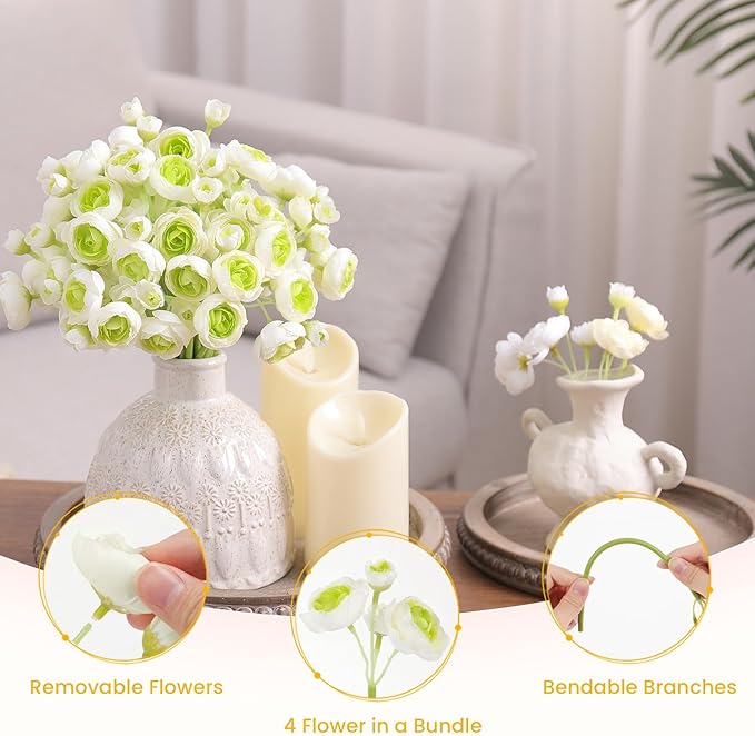 Alupssuc 30Pcs Ranunculus Artificial Flowers Faux Silk Mini Ranunculus, Spring Flowers Artificial Indoor for DIY Bouquets, Bulk Fake Wedding Filler Flowers for Bride Decorations & Arrangements, Green