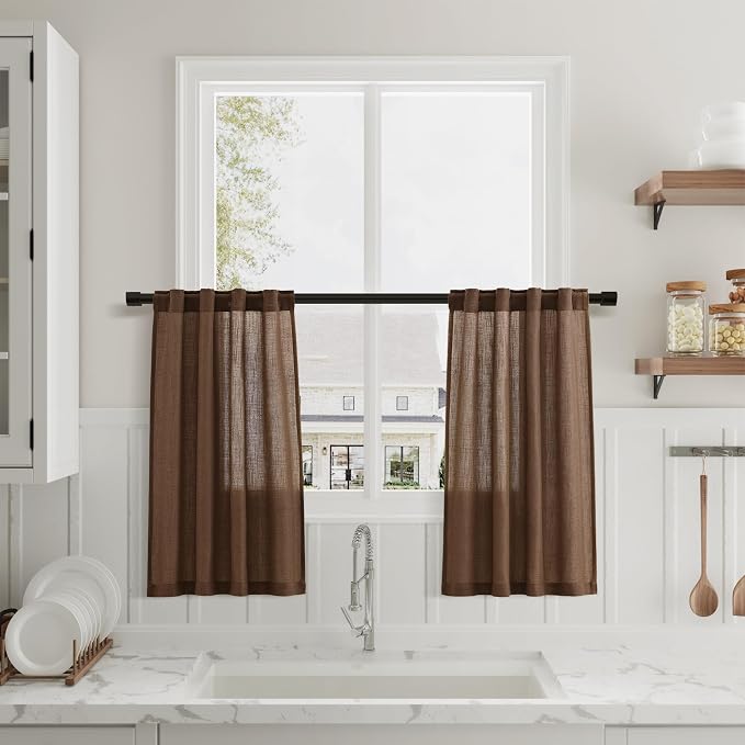 Caramel Brown Linen Kitchen Curtains 36 Inch Length 2 Pack Light Filtering Semi Industrial Style Transparent Linen Blend Short Drapes Back Tab Rod Pocket for Small Windows Cafe Bathroom 26Wx36L