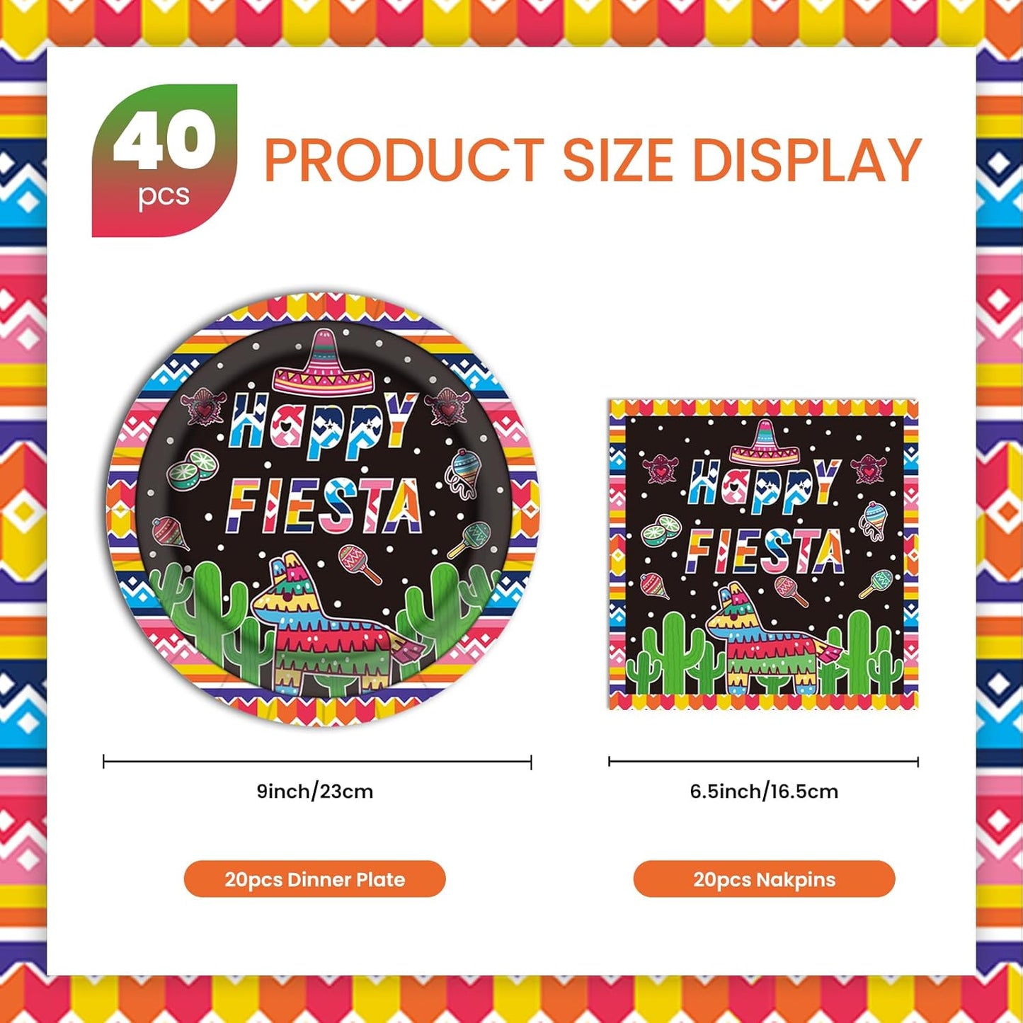 Mexican Party Paper Plates and Napkins Disposable Fiesta Party Supplies 9 inch 20 pcs Dessert Cake Plates & 20 pcs Napkins Tableware for Fruit Cake Party Decorations