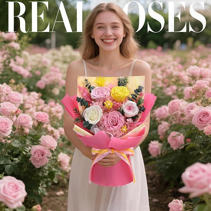 5 Pcs Glitter Pink Preserved Roses Flowers Bouquet, Forever Rose Flowers for Delivery, Birthday Gifts for Women, Long-Lasting Red Roses with Vase Gift Box, Forever Flowers for Wife Mothers Day