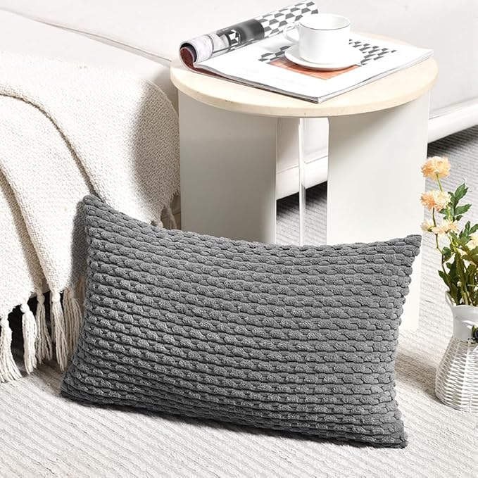 Fancy Homi 2 Packs Dark Gray Long Lumbar Decorative Throw Pillow Covers 12x24 Inch for Couch Bed Sofa, Modern Farmhouse Boho Home Decor, Soft Cute Plush Corduroy Rectangle Cushion Case 30x60 CM