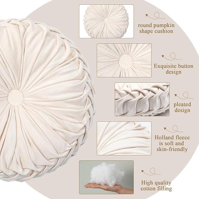 Drydiet 1 Pcs Round Throw Velvet Pillows Decorative Pleated Throw Pillows Diameter Accent Pumpkin Boho Chair Cushion for Couch Sofa Home Decoration (Beige,15'')