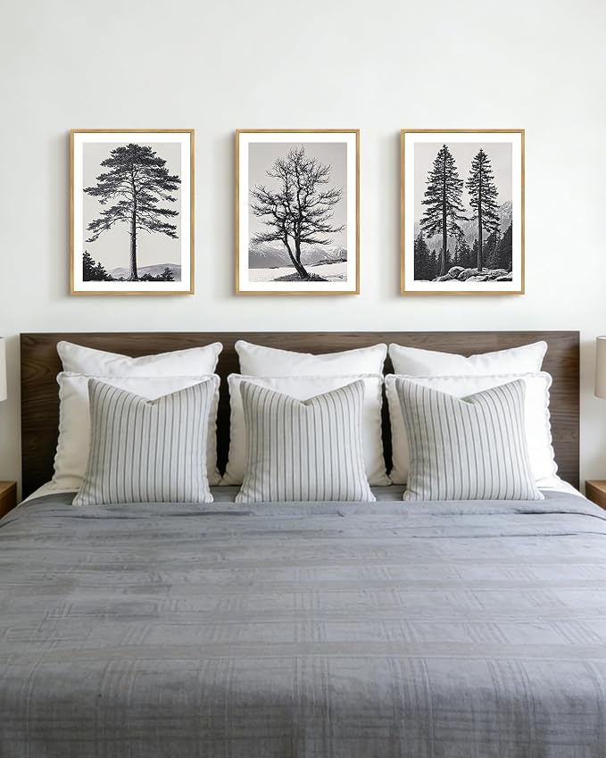 PHOPAGO Vintage Antique Tree Framed Wall Art Black and White Retro Forest Wall Decor Nature Wilderness Sketch Paints Modern Decor - 11x14in Natural Framed