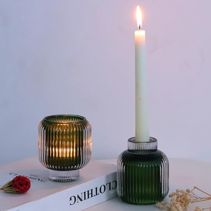Woho Green Votive Candle Holders Set of 2(3.5" H x 3.1" W), Ribbed Tealight Candle Holder Vintage for Christmas Dinner Table, Reversible Tea Lights Candle Holder Glass for Living Room Home Decor