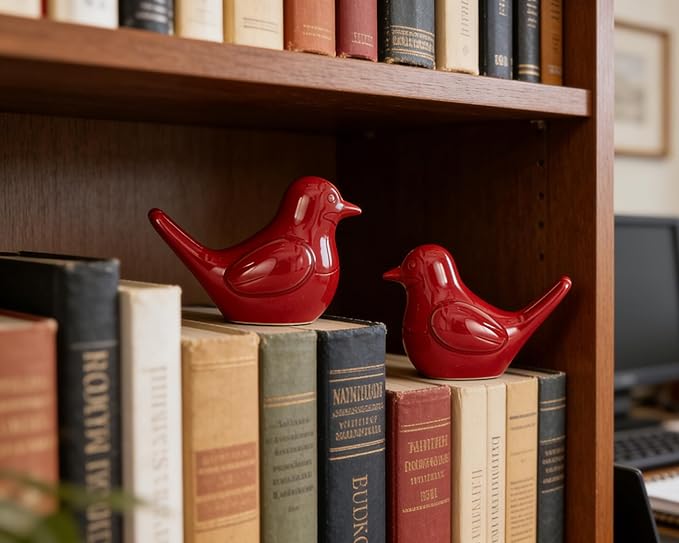 Small Red Bird Statue Ceramic 2-Piece Set, 3¾ inch Cute Knick Knack for Home Office Shelf Desk Decor