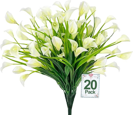 TURNMEON 20 Bundles Calla Lily (400 Heads) Artificial Flowers for Outdoors, Fake Plants UV Resistant Faux Plastic Fake Flowers for Indoor Planter Home Porch Yard Spring Summer Cemetery Decor(White)