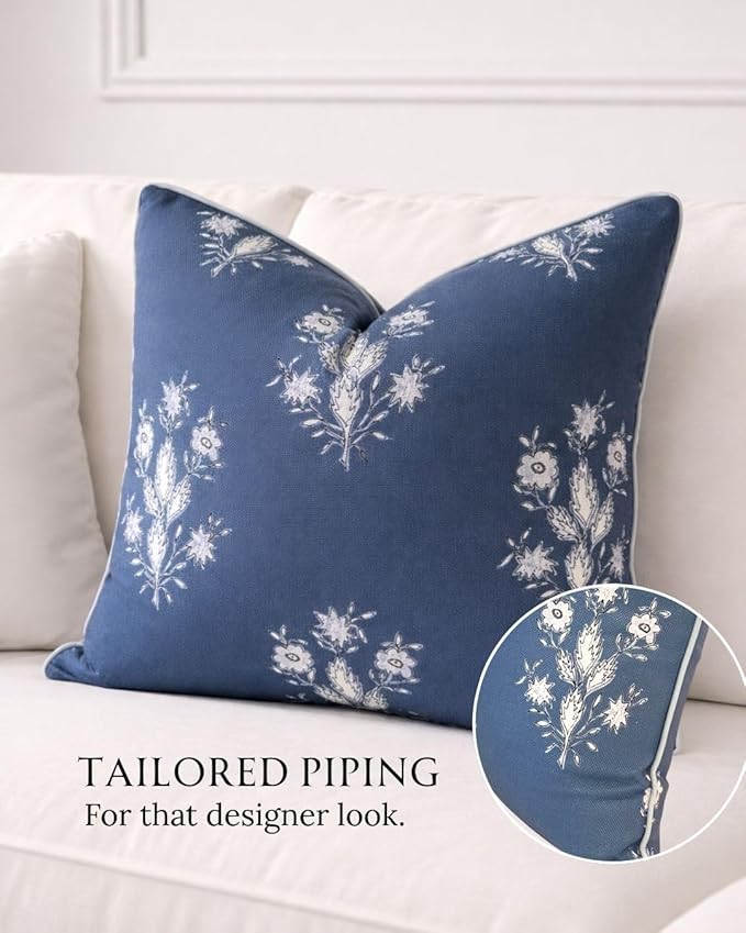Jillien Harbor “The Norfolk” Dark Blue & White Floral Block Print Pillow Cover – Dark Blue Decorative Throw Pillow Cover – Grandmillennial Home Decor, 20" x 20"