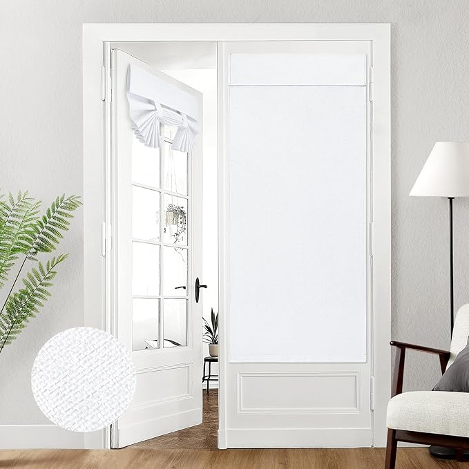 HOMEIDEAS 100% Pure White Linen Blackout French Door Curtains, Privacy Door Window Curtains, 34 X 68 Inch Room Darkening Blinds, Thermal Insulated Shades for Bedroom, 1 Panel