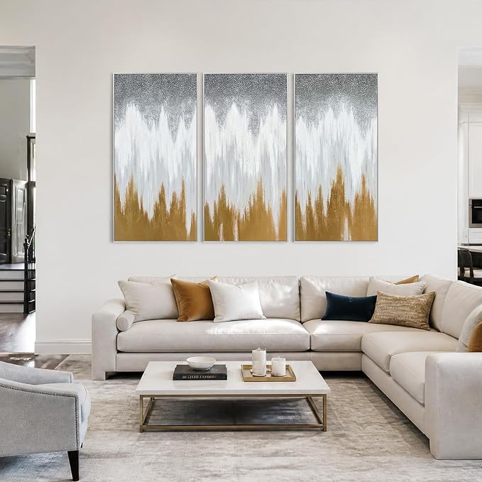 SAFERRYHOME Abstract Hand Painted Wall Art, Gold White Gray, 20"x40"x3 | 3D Textured Framed Canvas Wall Decor, Modern Golden Painting Minimalist Geometric Artwork for Home Office Living Room Hallway