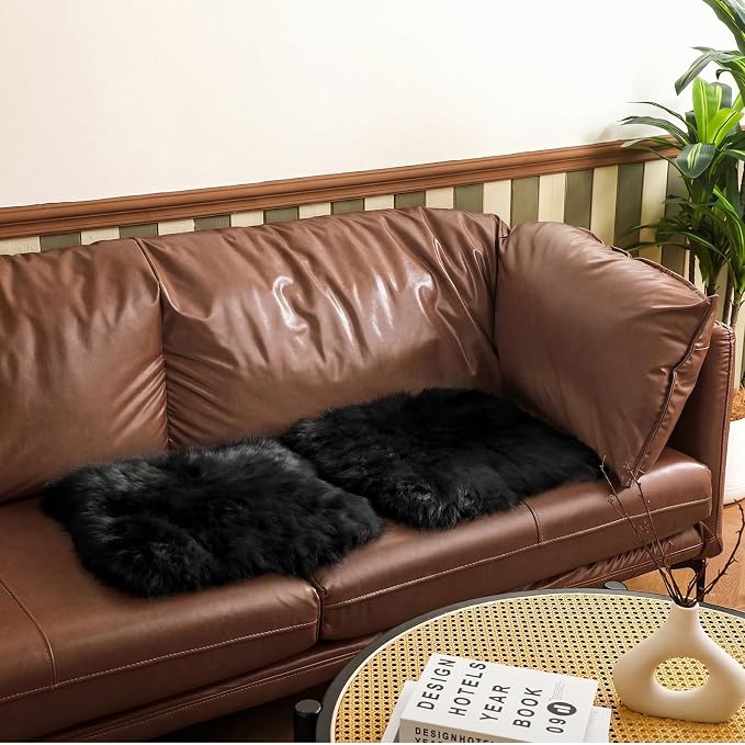 Drydiet 2 Pcs Natural Sheepskin for Bed Sores and Skin Imitation Wool Medical Sheepskins with Non-Slip Back for Pain Relief and Discomfort, Wool Seat Pad, 17 in x 17 in(Square,Black)
