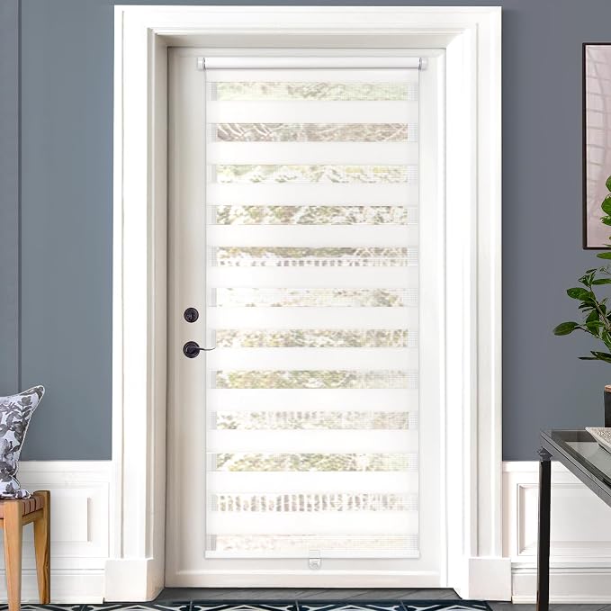 LazBlinds Cordless French Door Blinds, No Drill Roll Up Zebra Blinds for Doors, Light Control Day and Night Sheer Shades for Front Door Patio Sidelight Glass Door, 31.8'' W x 78'' L, White