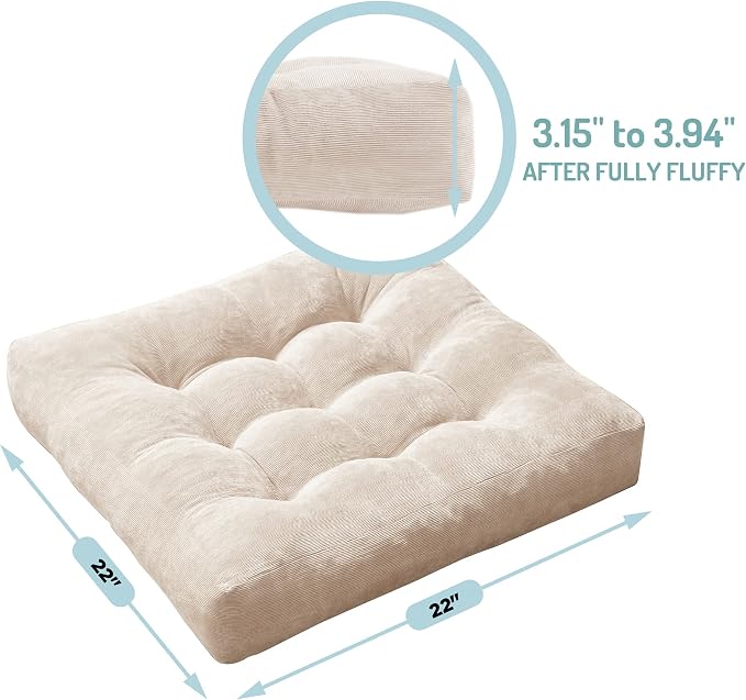Degrees of Comfort Floor Cushion 6 Pack for Meditation, Office & Studio – Corduroy Soft Seating Set, 22 Inch, High-Density Foam, Square Shape, Beige