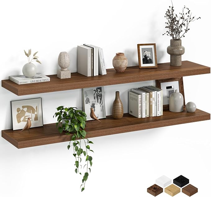 Fun Memories Floating Shelves for Wall, 48 Inch Long Set of 2 Rustic Wood Wall Shelves with Invisible Brackets, Heavy Duty Storage Display for Living Room Bedroom Kitchen, Walnut