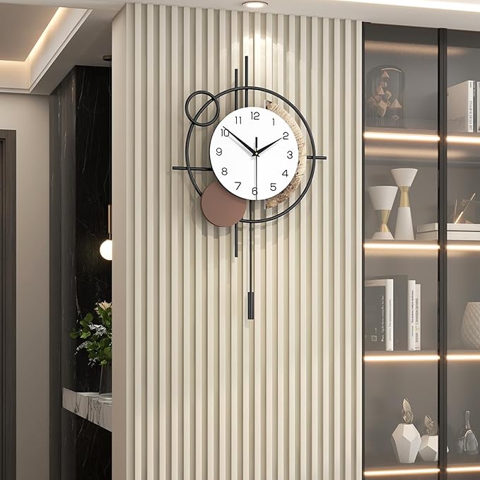 Wall Clock Decorative Modern Wall Clocks with Pendulum Silent Non-Ticking Quartz Clock Battery Operated Large Clock for Living Room,Kitchen,Home,Bathroom,Bedroom Wall Art Decor