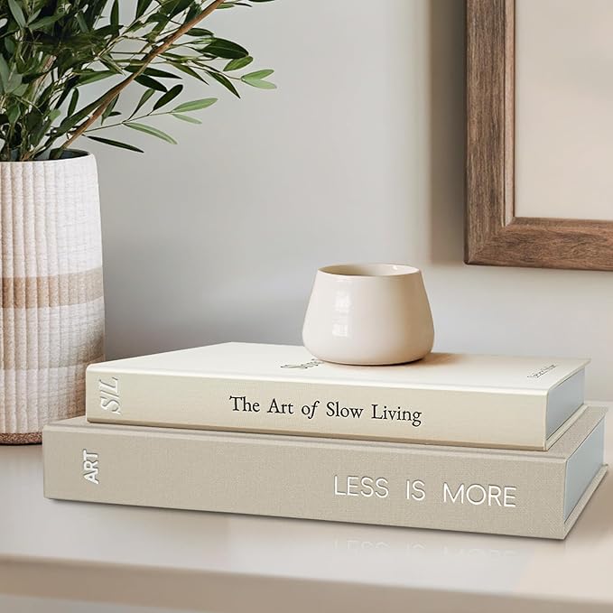 Minimalist Decorative Books - Fake Books Storage Box for Decoration - Set of 2 Linen Coffee Table Decor - Photo Storage Keepsake Box for Room Bookshelf Decor, Griege