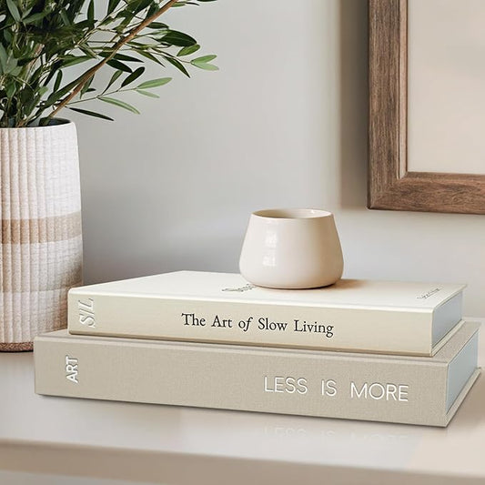 Minimalist Decorative Books - Fake Books Storage Box for Decoration - Set of 2 Linen Coffee Table Decor - Photo Storage Keepsake Box for Room Bookshelf Decor, Griege