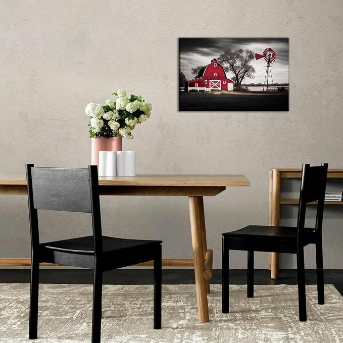 Red and Black Old Barn Wall Art Farmhouse Windmill Wall Decor Living Room Vintage Country Picture Canvas Prints Framed Farm Landscape Painting Modern Artwork Bedroom Kitchen Home Decorations 16x24”