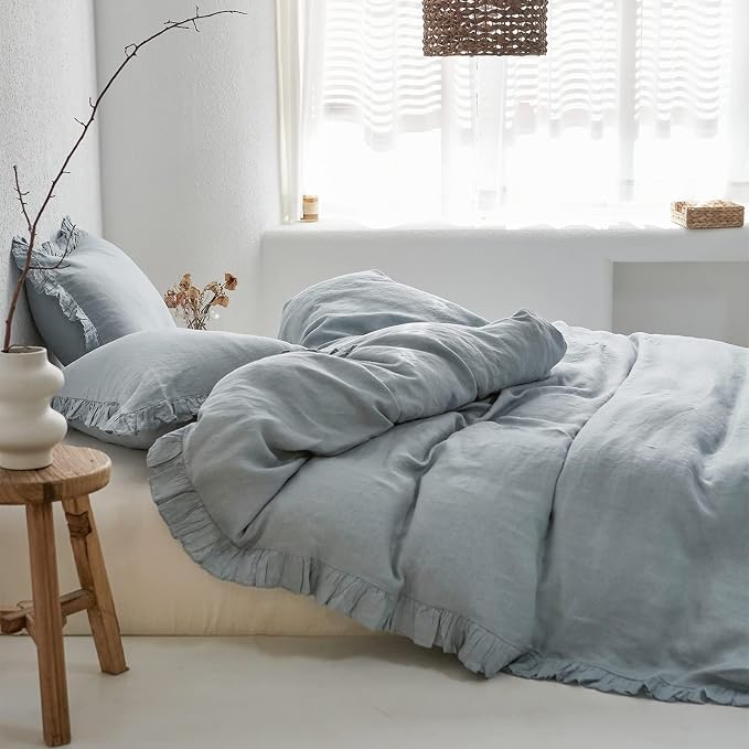 Simple&Opulence 100% Linen Euro Sham Covers with Ruffle, 26x26 Inch Pillow Covers Set of 2, Euro Pillow Shams for Bed Couch French Home Decor Luxury and Breathable Square Pillow Cases, Dusty Blue