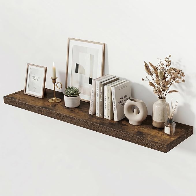 Acovy 48 Inch Floating Shelves for Wall Set of 1,Rustic Wood 12" Deep Wall Mounted Shelves,Floating Shelf with Invisible Brackets for Kitchen,Bathroom,Living Room,Decor & Storage,Rustic Brown
