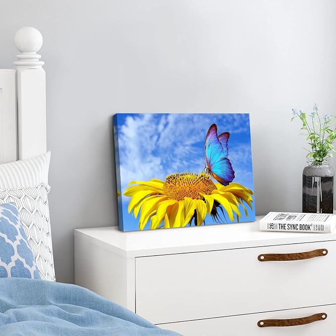 Sunflower Wall Art Bathroom Decor Butterfly Pictures Blue Sky Nature Landscape Canvas Prints Kitchen Sunflower Painting for Living Room Artwork Yellow Floral Posters Bedroom Home Decorations 12x16"