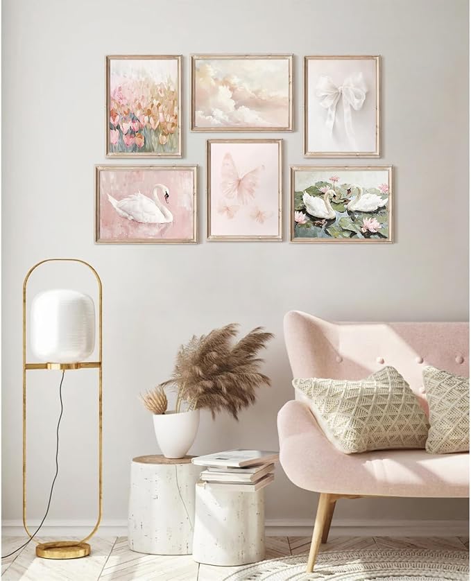 Tocliky Coquette Pink Wall Art Decor Swan Posters Bow Flower Canvas Wall Art Preppy Cute Pictures Trendy Butterfly Posters Coquette Aesthetic Prints for Girl Dorm Room Bedroom 12x16x6 Inch Unframed