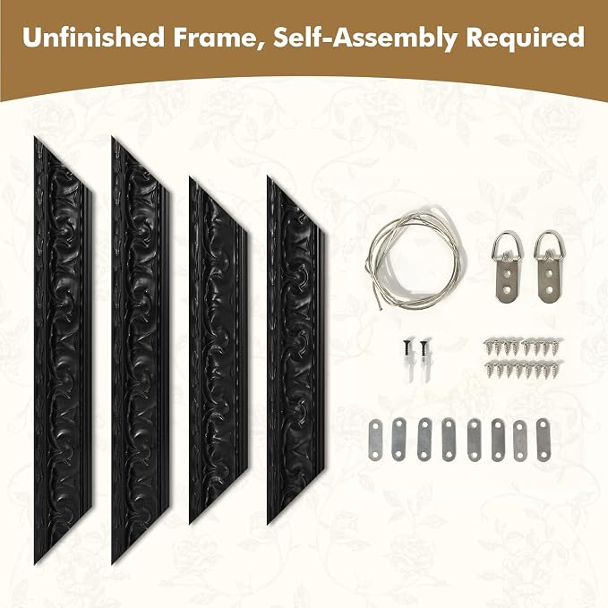 Vintage Canvas Frame for 18x24 Art Prints Oil Paintings, 2.6" Wide DIY Wood Ornate Open Back Wall Frames for Gothic Landscape Family Animal Memorial Portraits, No Glass & Back (Black)