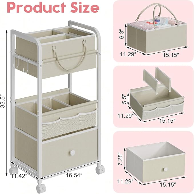 Cidaziya 2In1 Baby Diaper Caddy Organizer and Storage, 3 Tier Rolling Cart with Drawer, Mobile Utility Cart Baby Dresser Clothes Organizer for Crib, Art & Craft Storage, White, 17"W x 11.42"D x 33.5"H