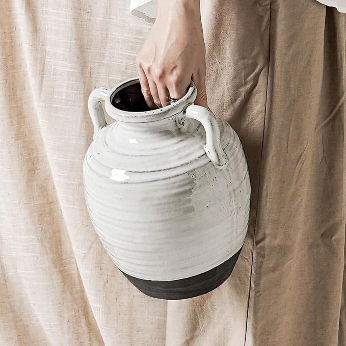 White Ceramic Vase, 9.5 Inch Large Farmhouse Flower Vase with Handles - Rustic Centerpiece for Living Room, Table, Bookshelf, Mantel, Entryway & Wedding Decor (Aurora White)