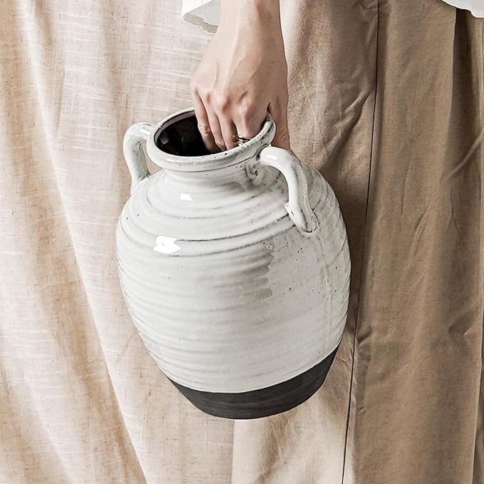 White Ceramic Vase, 9.5 Inch Large Farmhouse Flower Vase with Handles - Rustic Centerpiece for Living Room, Table, Bookshelf, Mantel, Entryway & Wedding Decor (Aurora White)