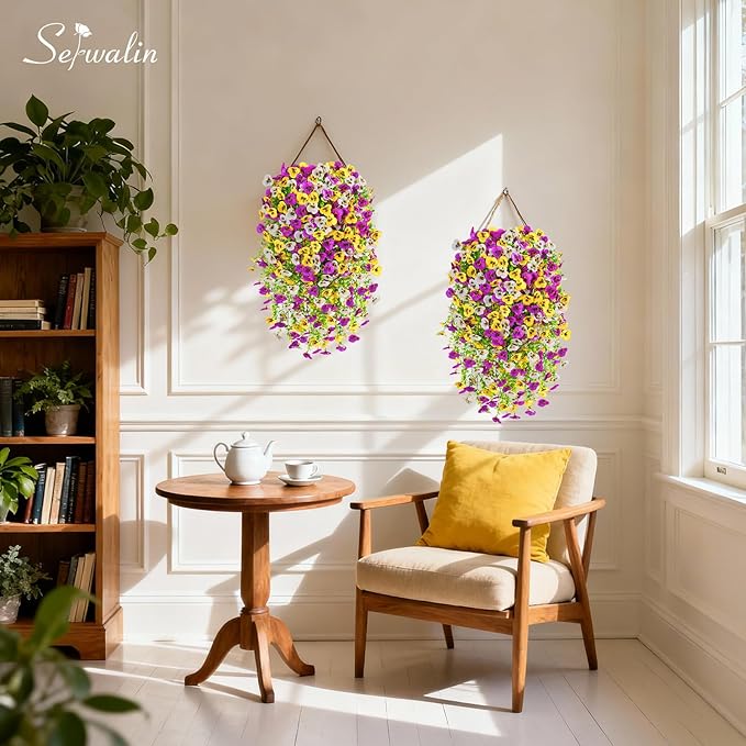 Serwalin Artificial Fake Hanging Flowers for Outdoors Planters,6PCS UV Resistant Faux Pansy Spring Flowers for Outside Porch Patio Garden Window Box (Yellow Lavender White)