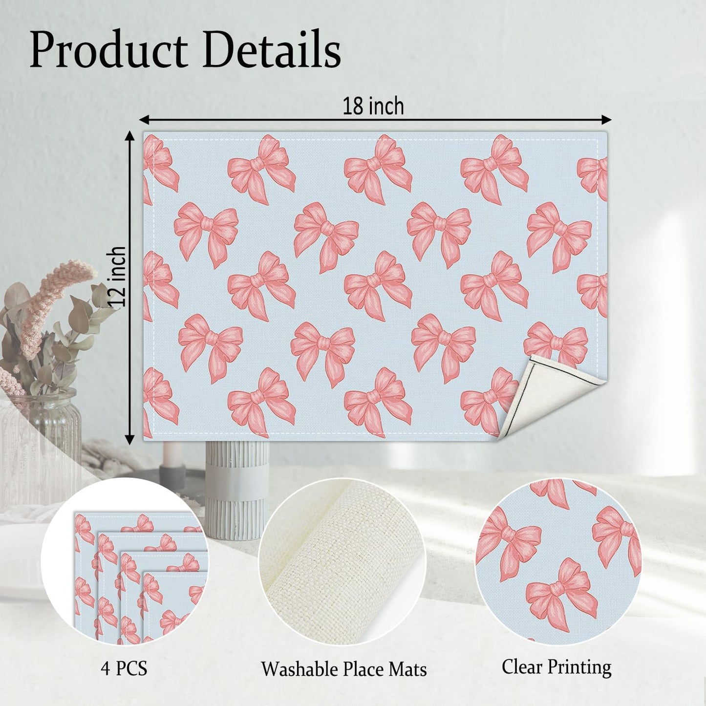 Pink Bow Placemats Set of 4, Blue Table Mat for Home Kitchen, Restaurants, Outdoor Linen Washable Place Mats 12x18 inch Party Event Dining Decoration-04