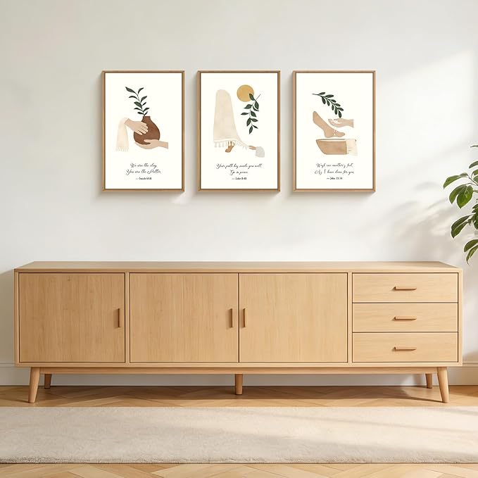 HPNIUB Christian Boho Framed Canvas Wall Art Set,Minimalist Beige Green Botanical Wall Decor,Vintage Bible Verse Art,Neutral Jesus Scripture Art Print for Living Room,Bedroom,Prayer Room-24"x36"x3