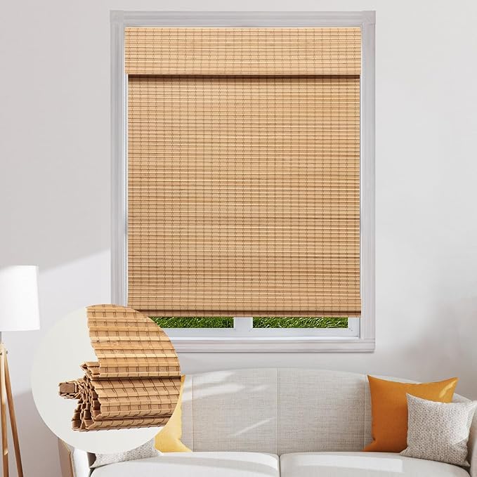 SEEYE Cordless Bamboo Roman Shades, Blackout Natural Bamboo Blinds for Indoor Windows, Roll Up Blind Privacy Shade for Home, Office, Door, UV Resistant & Easy to Install, 26" W x 64" H, Carbonized
